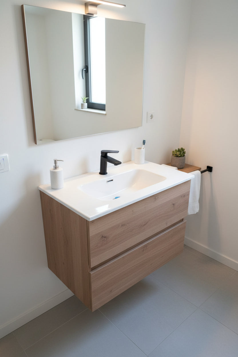 Mobile Bagno A Sospensione Color Rovere Con Rubinetto Nero Lavandino A Incasso