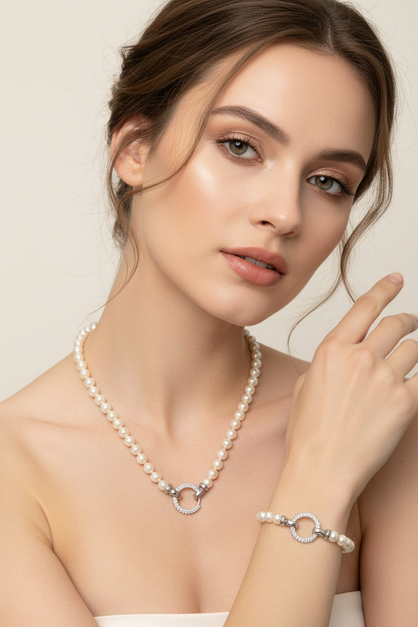 Parure Collana + Bracciale Ottaviani In Similperla Con Anelli Strass