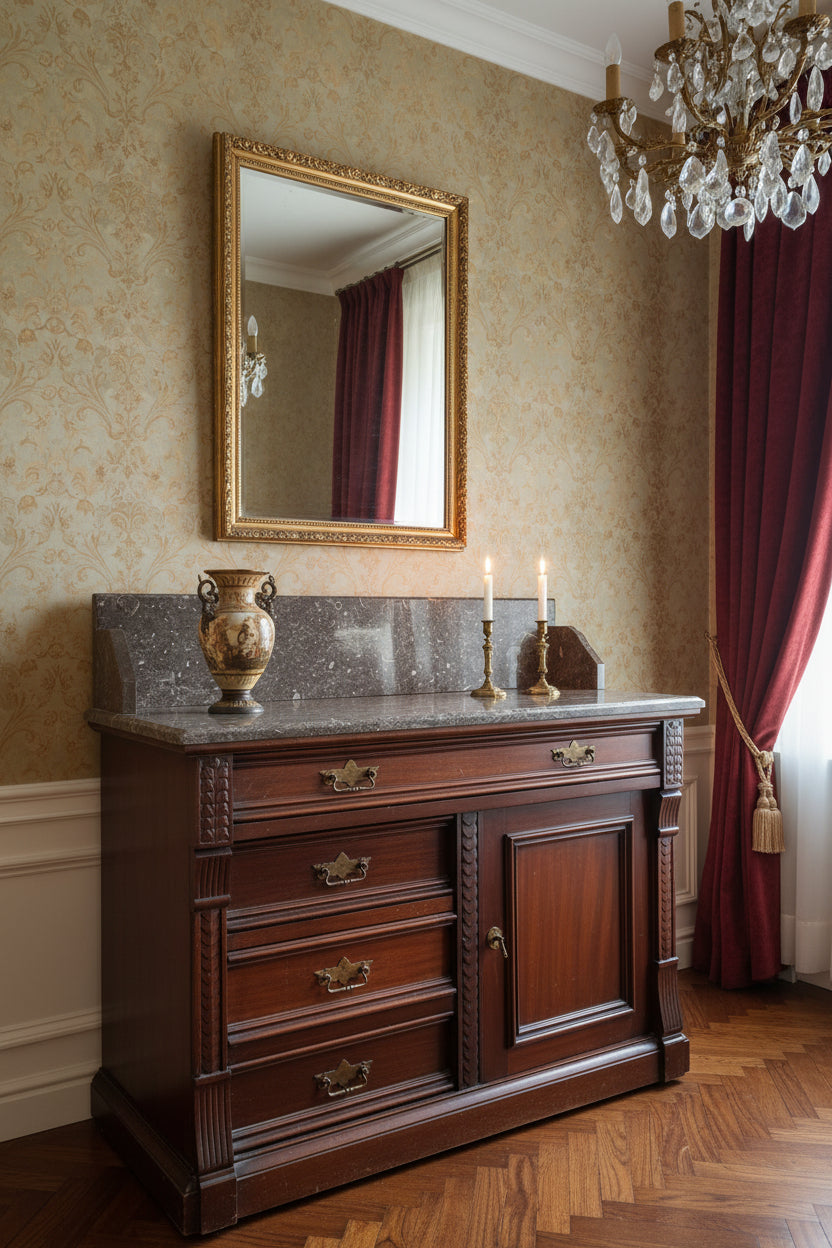 Mobile Petinhous In Legno Marrone Con Piano In Marmo E Alzata
